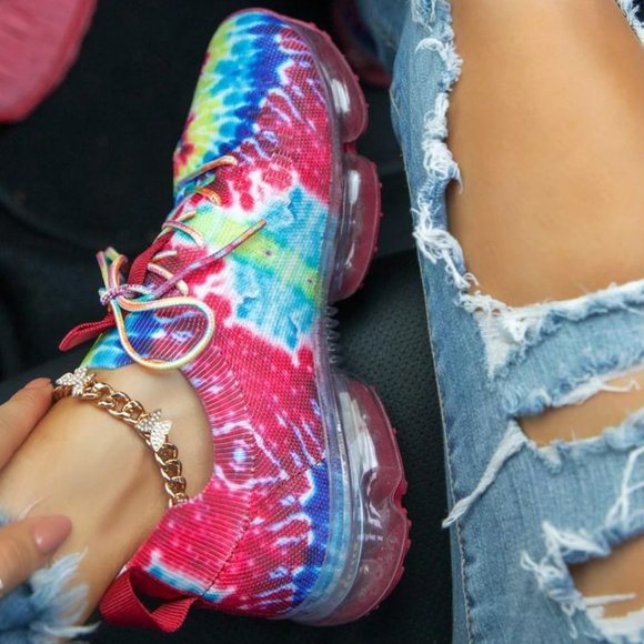 Shoes - New Red Tie Dye Knit Lace Clear Sole Sneakers